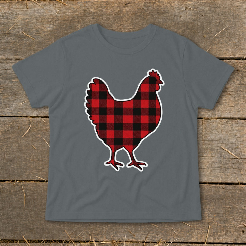 Gray t-shirt with a red and black buffalo plaid chicken graphic.