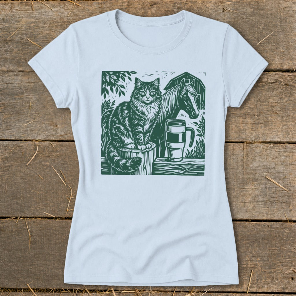 Cat on a fence post with a horse, mug, and barn in a green linocut design.