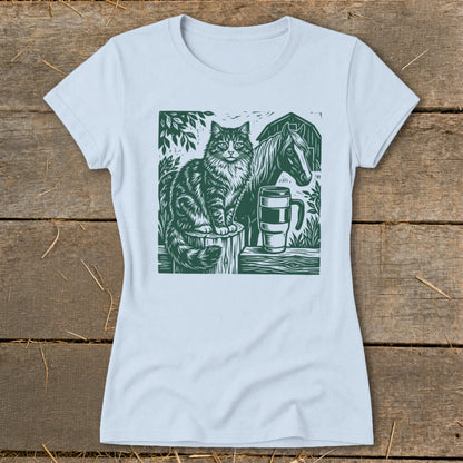 Cat on a fence post with a horse, mug, and barn in a green linocut design.