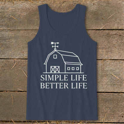Navy tank top with white barn graphic and "SIMPLE LIFE BETTER LIFE" text.