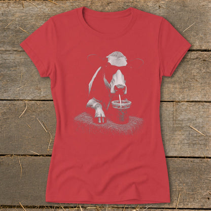 Red t-shirt with a graphic of a cow wearing sunglasses, drinking from a straw.
