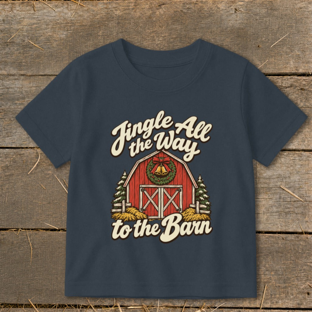 Navy t-shirt with a barn, wreath, and "Jingle All the Way to the Barn" text.
