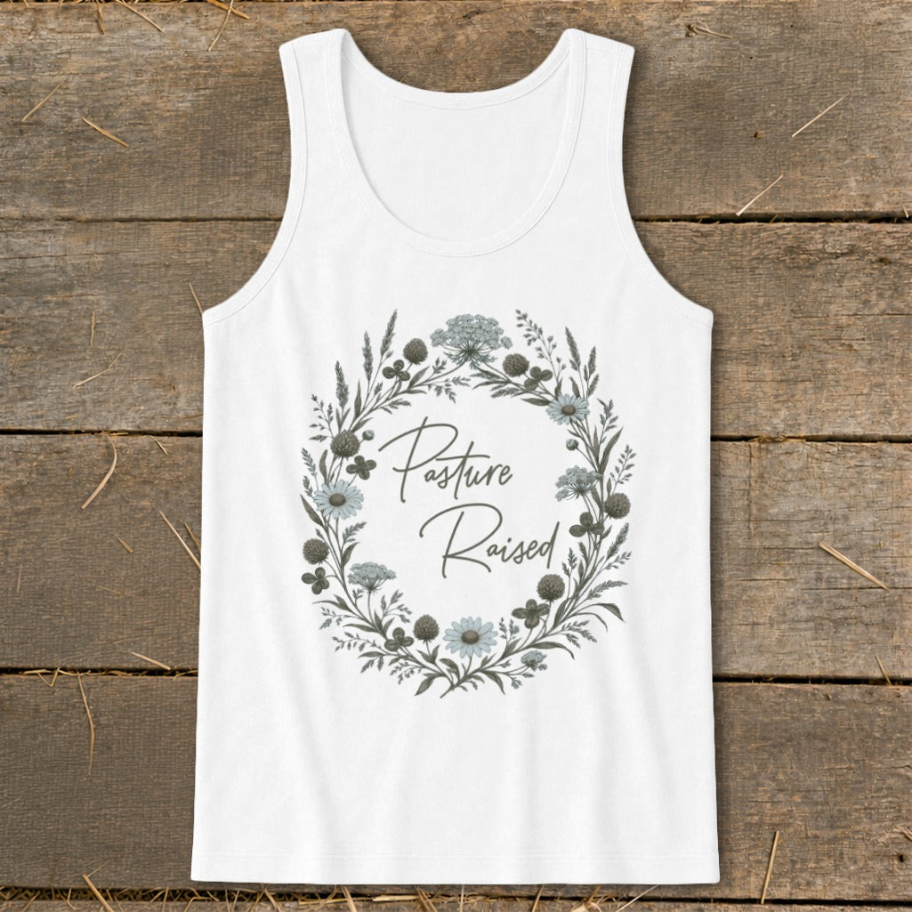 White tank top with floral wreath graphic and "Pasture Raised" text.