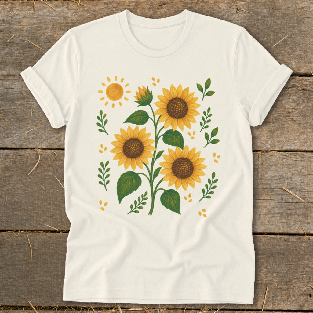 Cream t-shirt with a vibrant sunflower and sun graphic print.