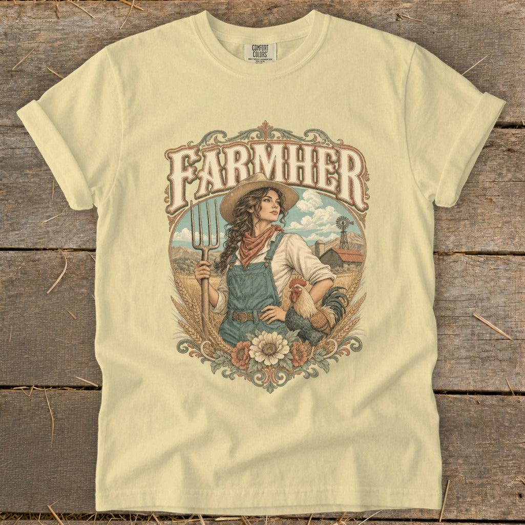 Light yellow t-shirt with "FARMHER" text, woman farmer with pitchfork, and rooster artwork.
