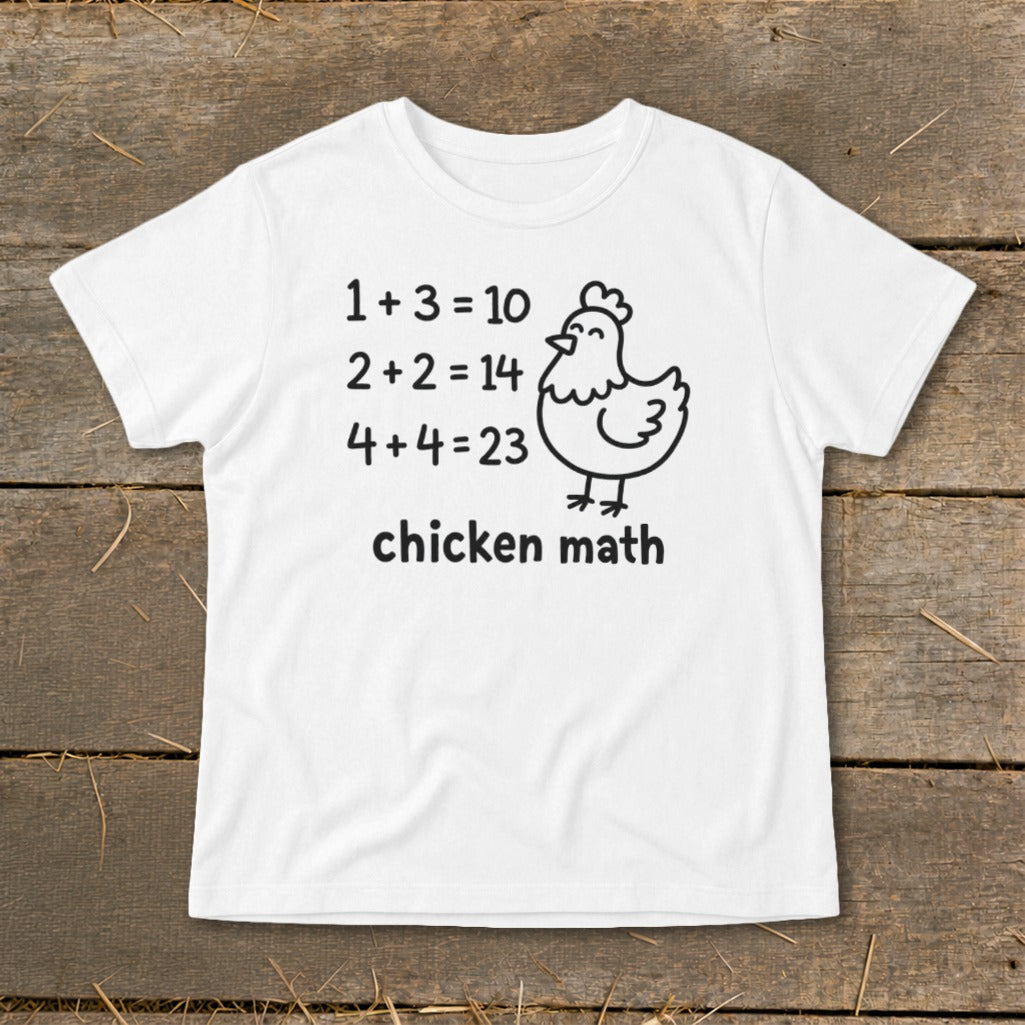 White t-shirt with "chicken math" text and a cartoon chicken illustration.