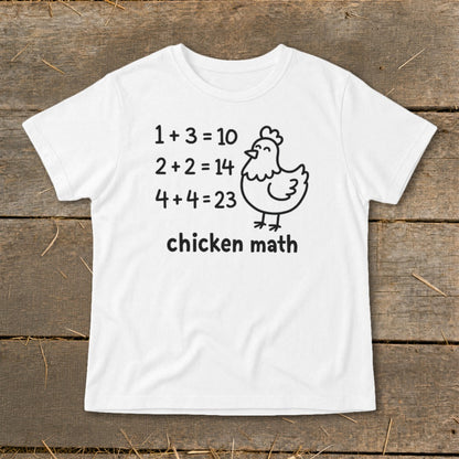 White t-shirt with "chicken math" text and a cartoon chicken illustration.