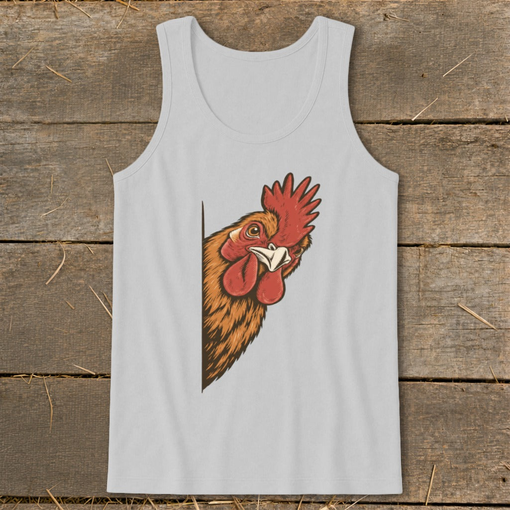Light grey tank top with a cartoon chicken peeking from the left side.