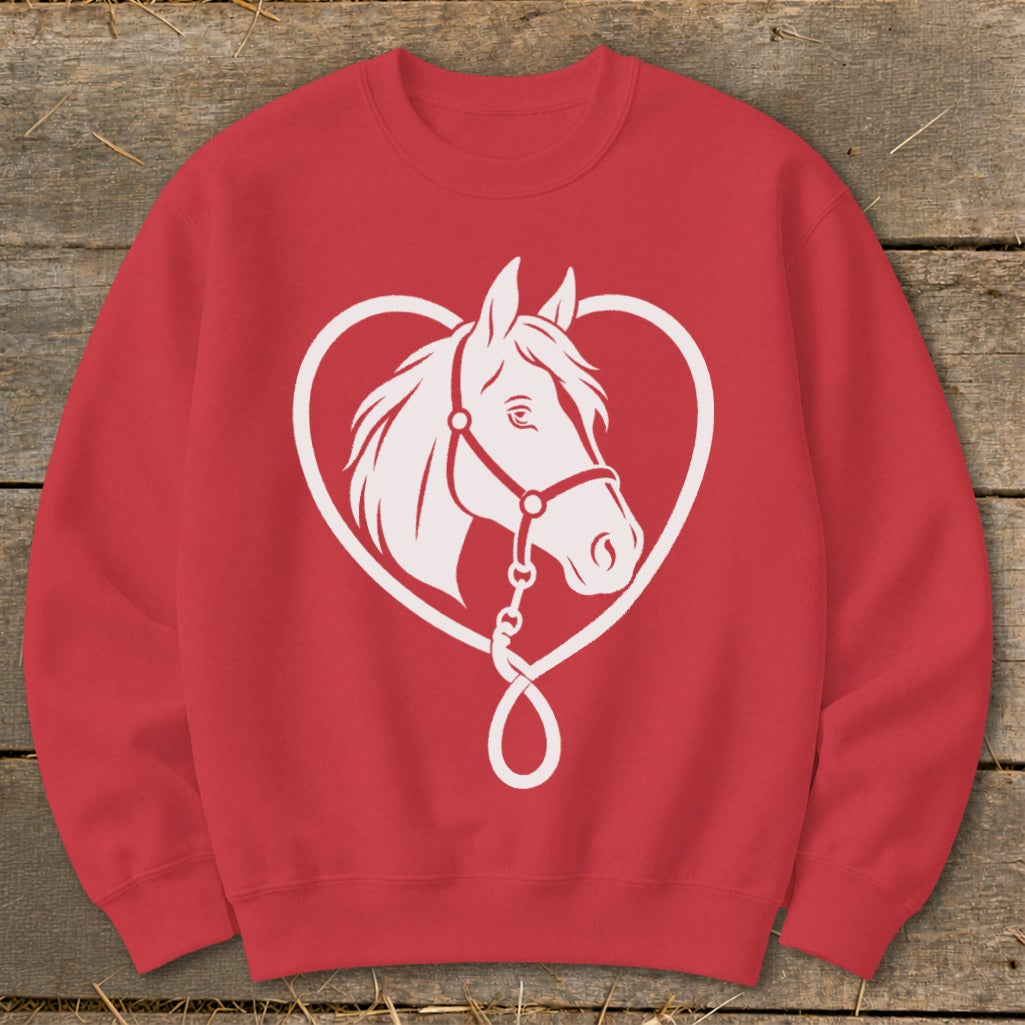 Red crewneck sweatshirt featuring a white graphic of a horse head inside a heart outline.