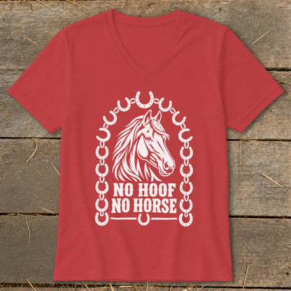 Red t-shirt with a horse head graphic and "NO HOOF NO HORSE" text.