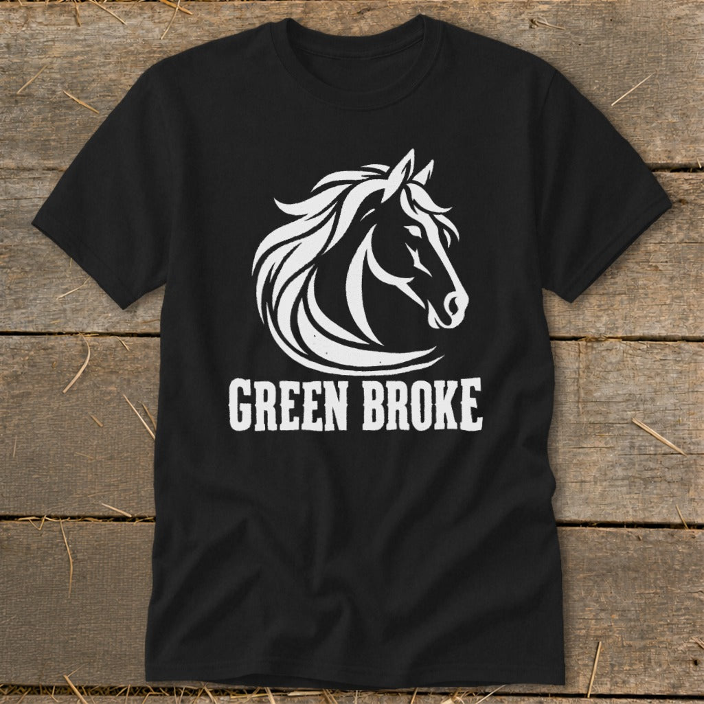 Black short-sleeve t-shirt featuring a white graphic of a horse head and the text GREEN BROKE.