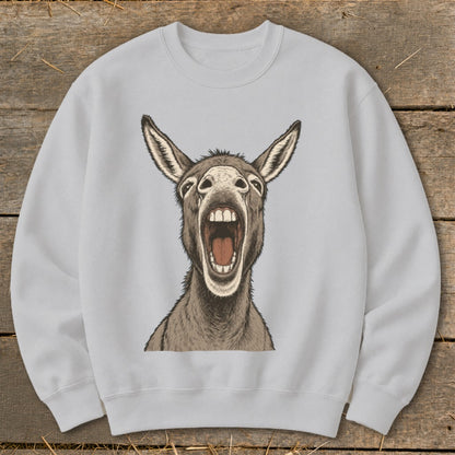 Light grey sweatshirt with a close-up illustration of a donkey with its mouth wide open.