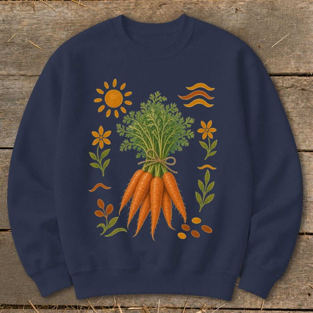 Navy sweatshirt with a bunch of carrots, sun, flowers, and seeds illustration.