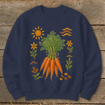 Navy sweatshirt with a bunch of carrots, sun, flowers, and seeds illustration.