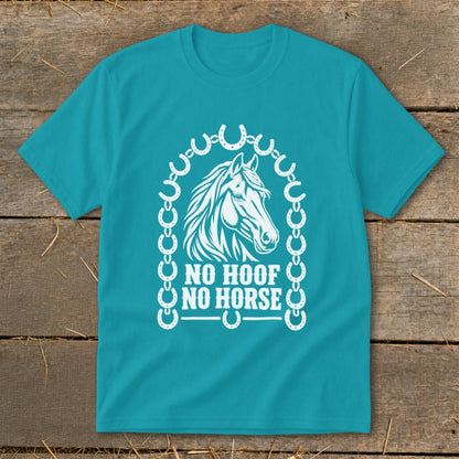 Teal t-shirt with white horse head design and "NO HOOF NO HORSE" text.
