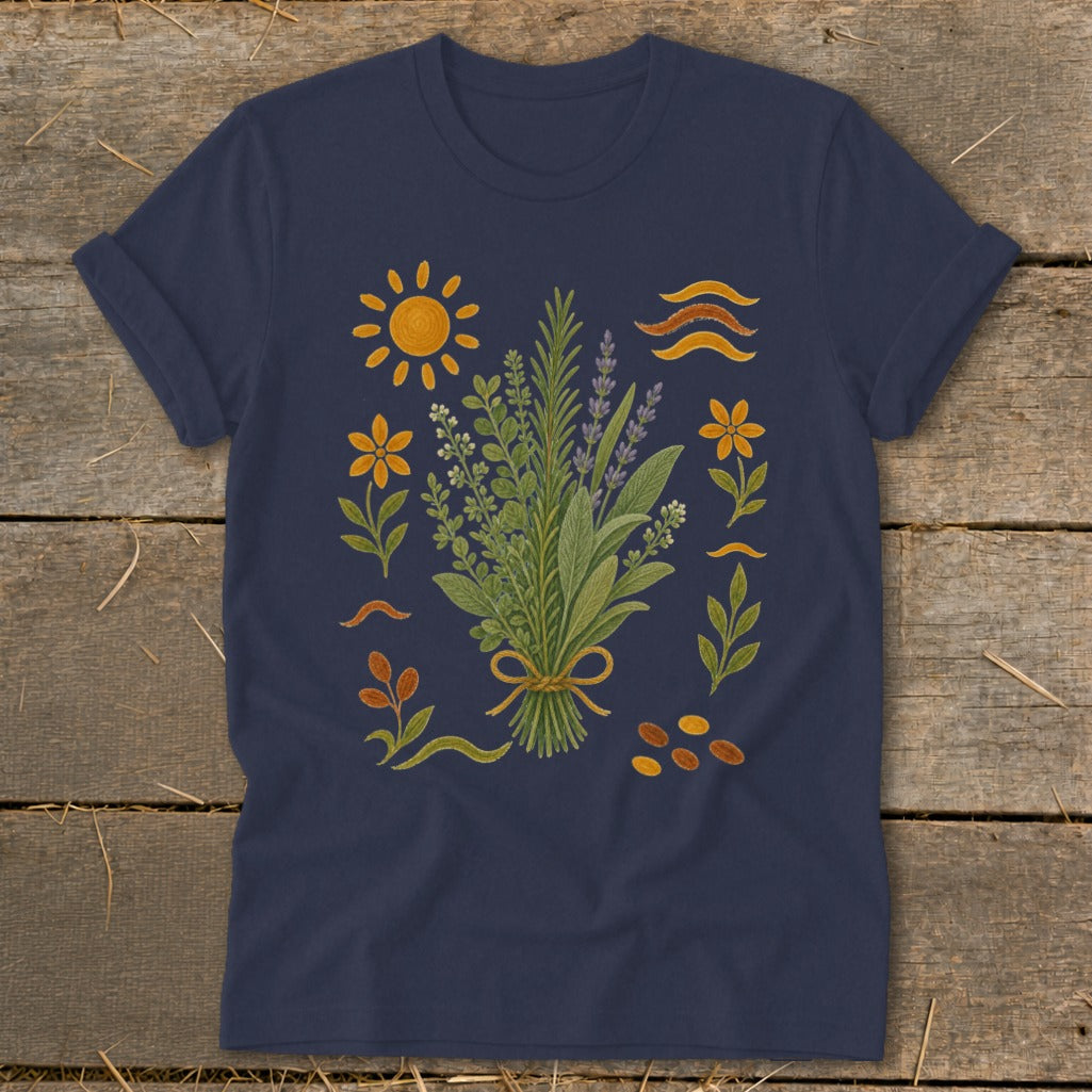 Navy t-shirt with floral and sun illustration and botanical elements.