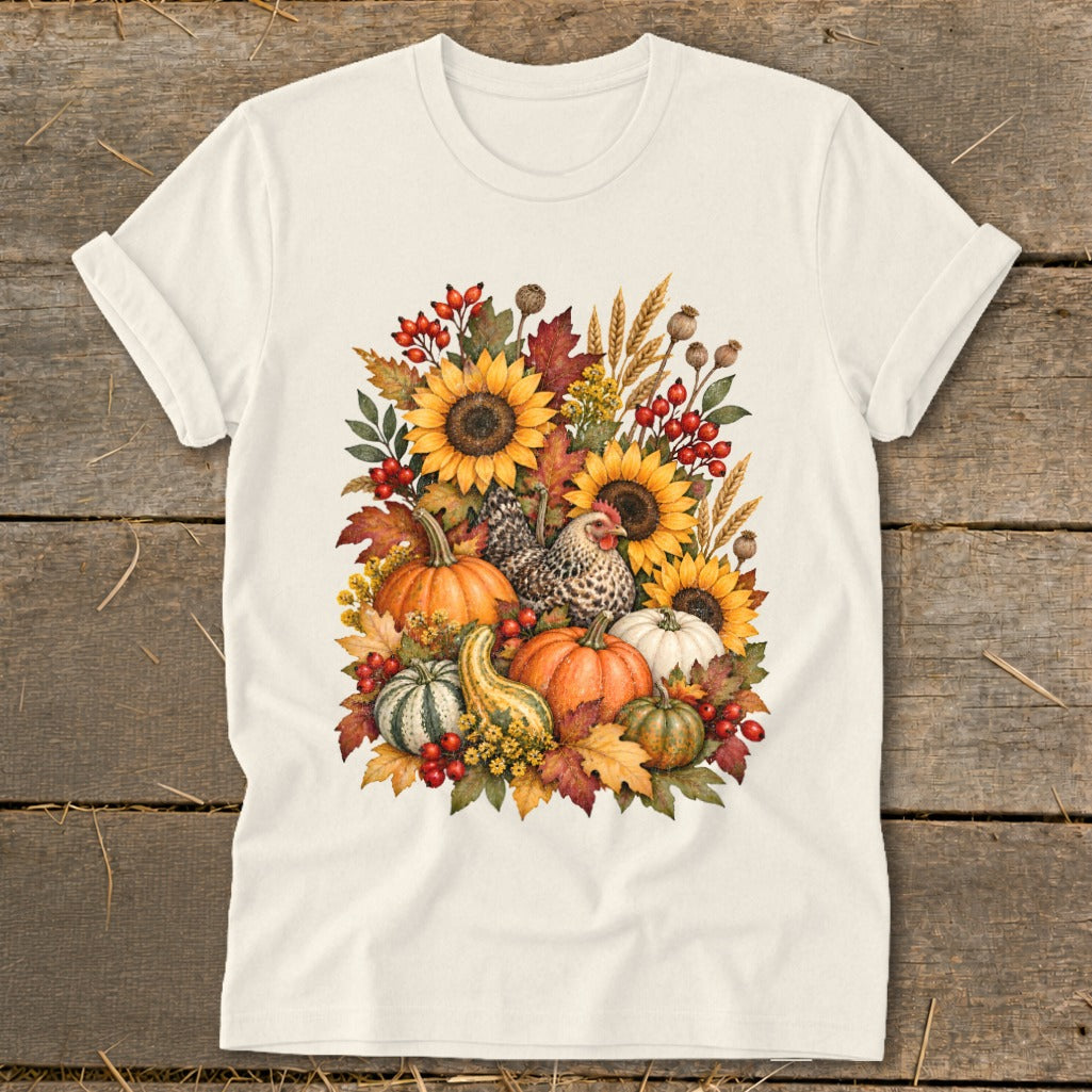 Cream t-shirt with a fall harvest illustration of pumpkins, sunflowers, and chickens.