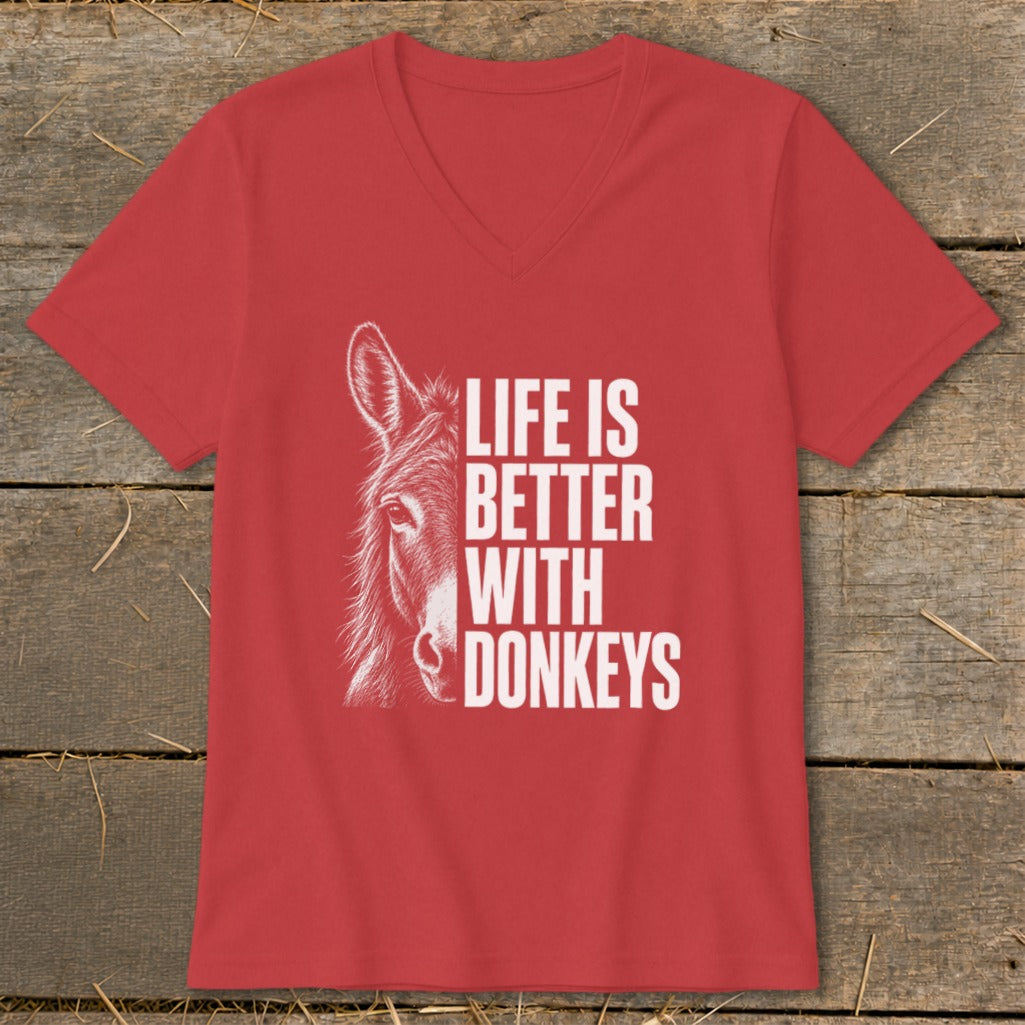 Red v-neck t-shirt with a donkey graphic and text "LIFE IS BETTER WITH DONKEYS".