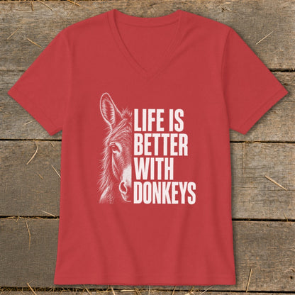 Red v-neck t-shirt with a donkey graphic and text "LIFE IS BETTER WITH DONKEYS".