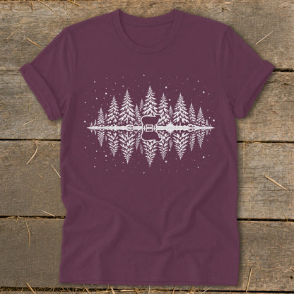T-shirt with white graphic of pine trees, reflection, and guitar silhouette.