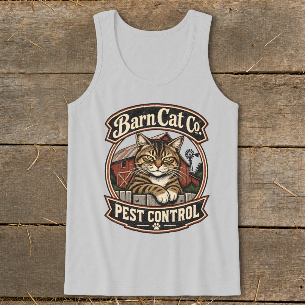 A light gray tank top featuring a Barn Cat Co. Pest Control graphic on a rustic wooden background.
