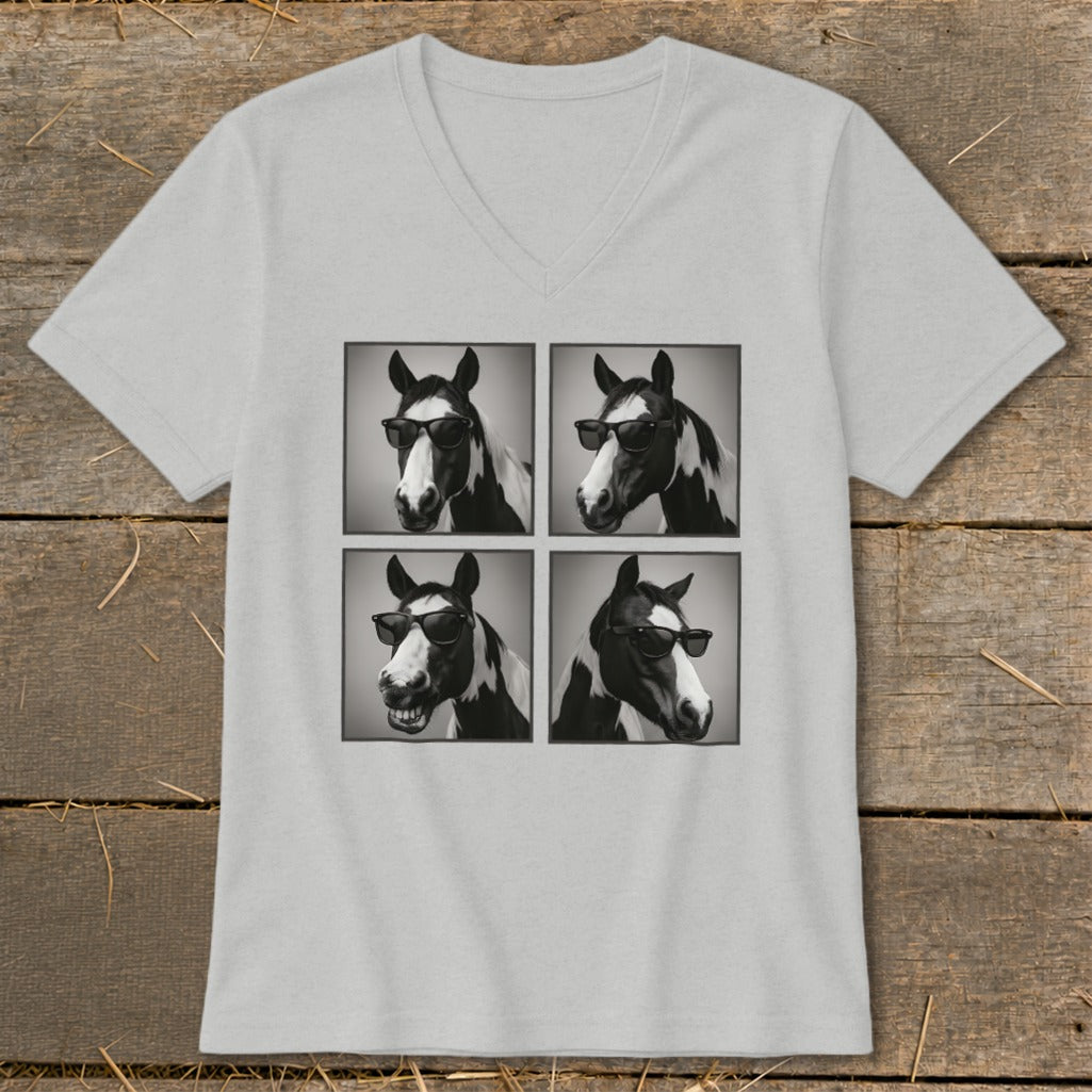 Four panel black and white graphic of a horse wearing sunglasses.