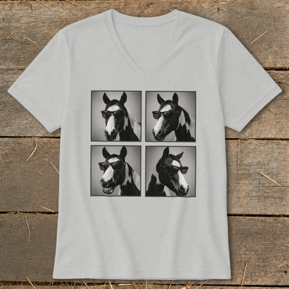 Four panel black and white graphic of a horse wearing sunglasses.