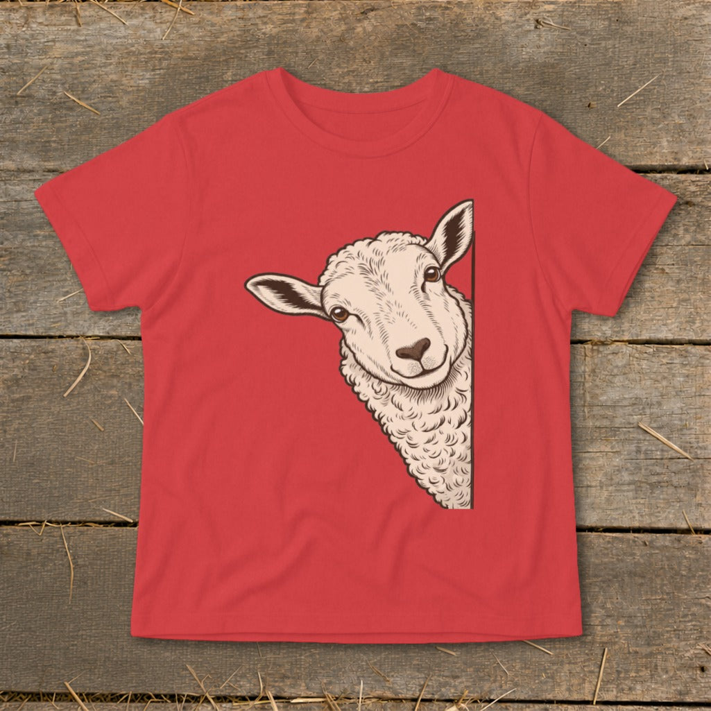 Red t-shirt with a sheep peeking from the side illustration.