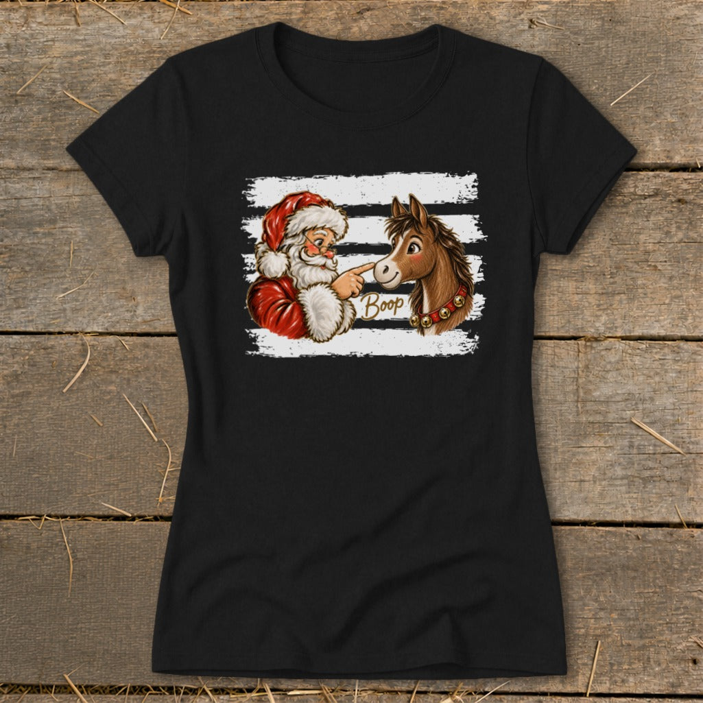 Santa booping a horse's nose with the word "Boop" on a black t-shirt.