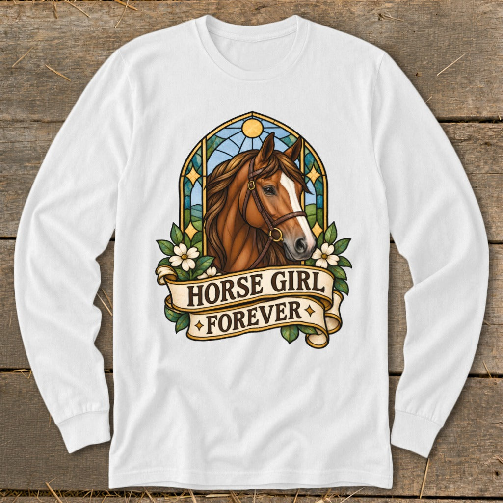White long-sleeve shirt featuring a horse head and "Horse Girl Forever" text.