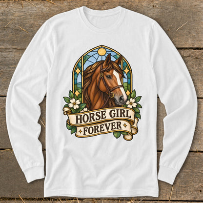 White long-sleeve shirt featuring a horse head and "Horse Girl Forever" text.