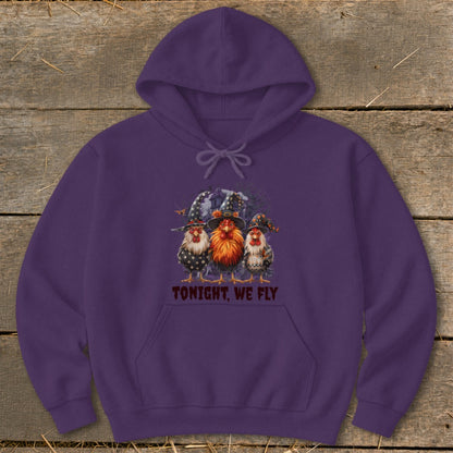 Purple hoodie with three witch-hatted chickens and text "TONIGHT, WE FLY."
