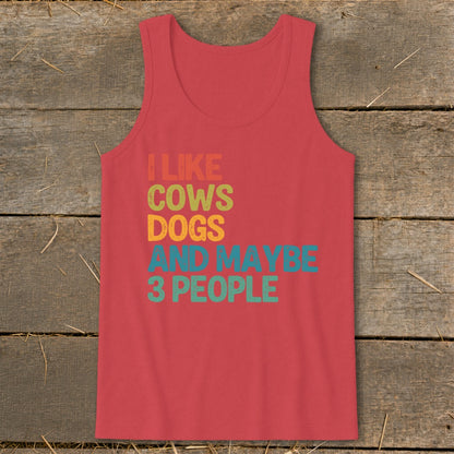 Red tank top with "I like cows, dogs, and maybe 3 people" text.