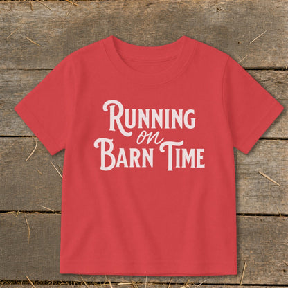 Red t-shirt with white text that says "Running on Barn Time".