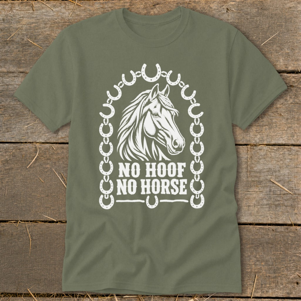 Green t-shirt with a horse head graphic and the text "NO HOOF NO HORSE".