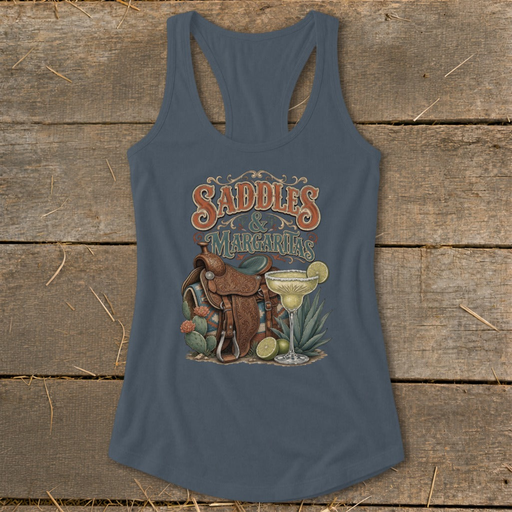 Tank top graphic with "Saddles & Margaritas," a saddle, margarita, and cacti.