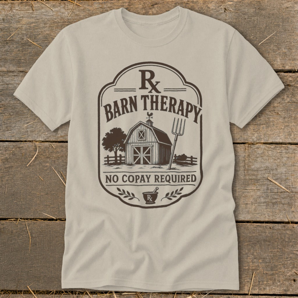 Barn Therapy Rx no copay required with barn, tree, pitchfork, and mortar and pestle.
