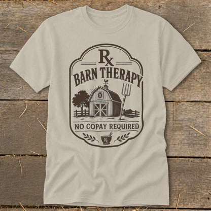 Barn Therapy Rx no copay required with barn, tree, pitchfork, and mortar and pestle.