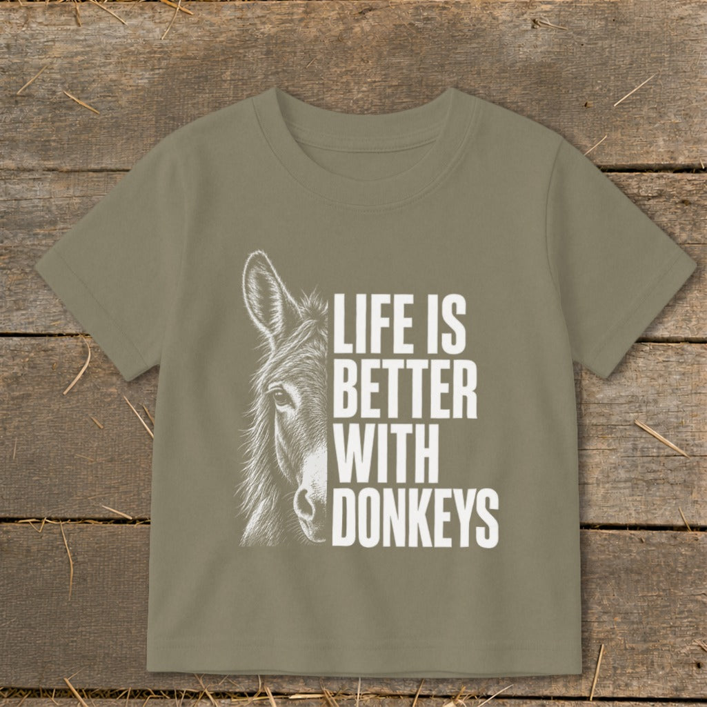 T-shirt with donkey graphic and text "Life is Better With Donkeys".