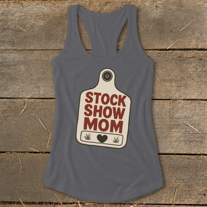 Gray tank top with "Stock Show Mom" text and heart graphic on a tag.