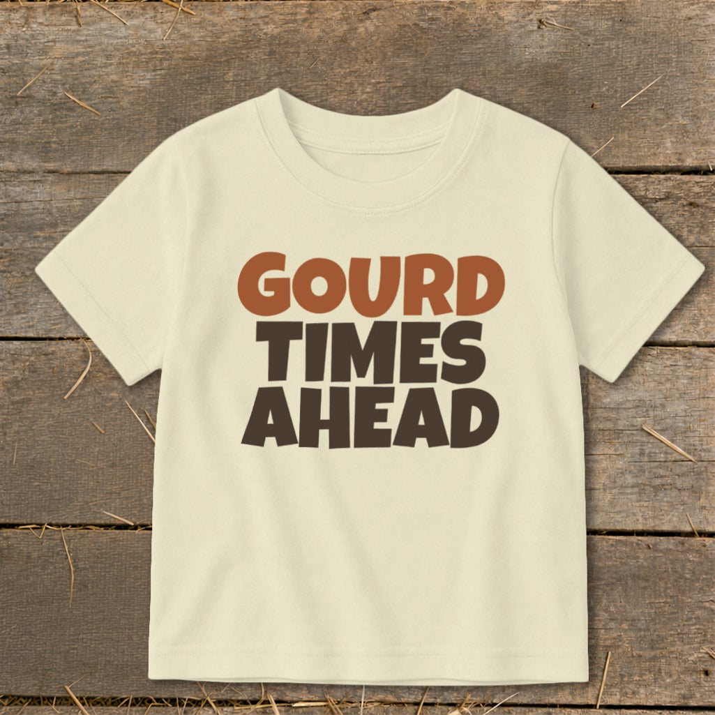 Cream t-shirt with "Gourd Times Ahead" text in brown and dark brown.