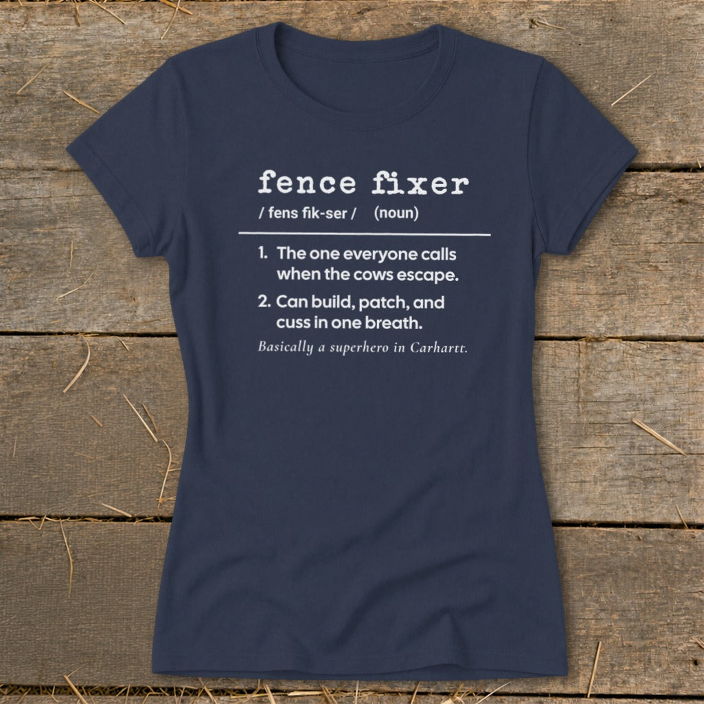 Navy t-shirt with "fence fixer" definition: superhero in Carhartt.