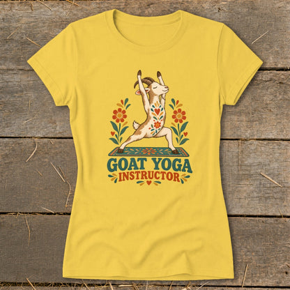 Yellow t-shirt with a goat doing yoga and text "GOAT YOGA INSTRUCTOR".