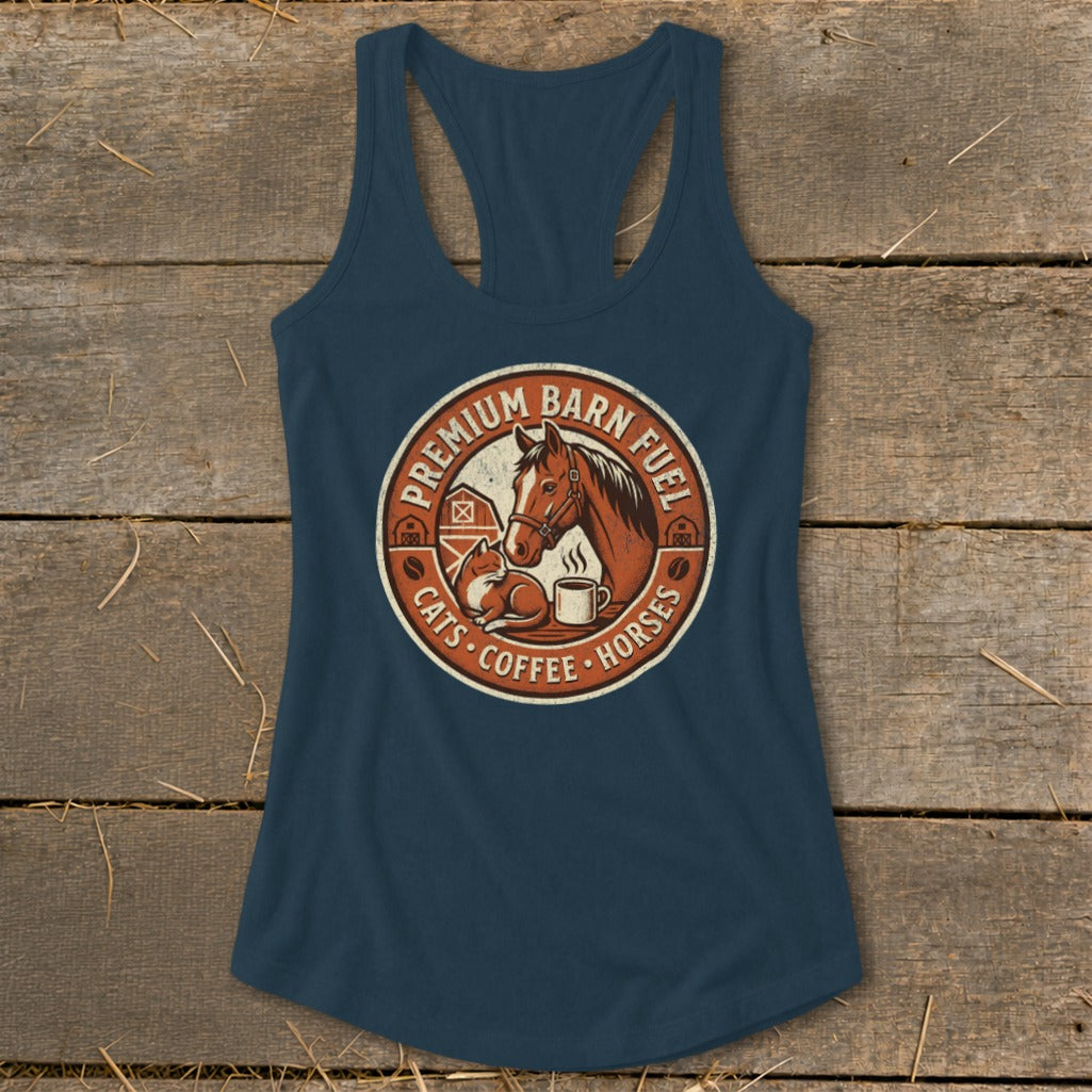 Tank top with barn, horse, cat, and coffee cup graphic reading "Premium Barn Fuel".