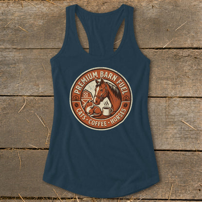Tank top with barn, horse, cat, and coffee cup graphic reading "Premium Barn Fuel".
