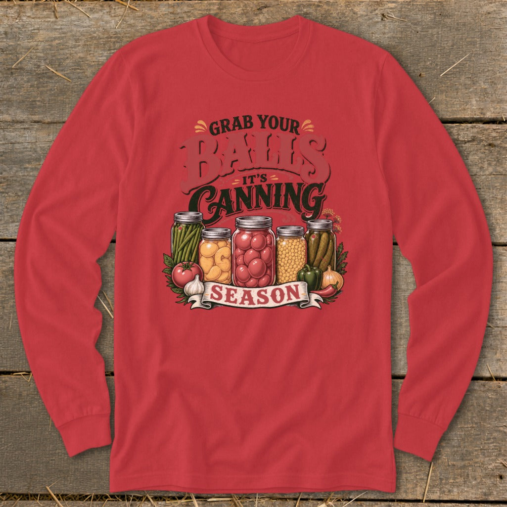 Red long sleeve shirt with jars of canned vegetables and text "Grab Your Jars It's Canning Season".