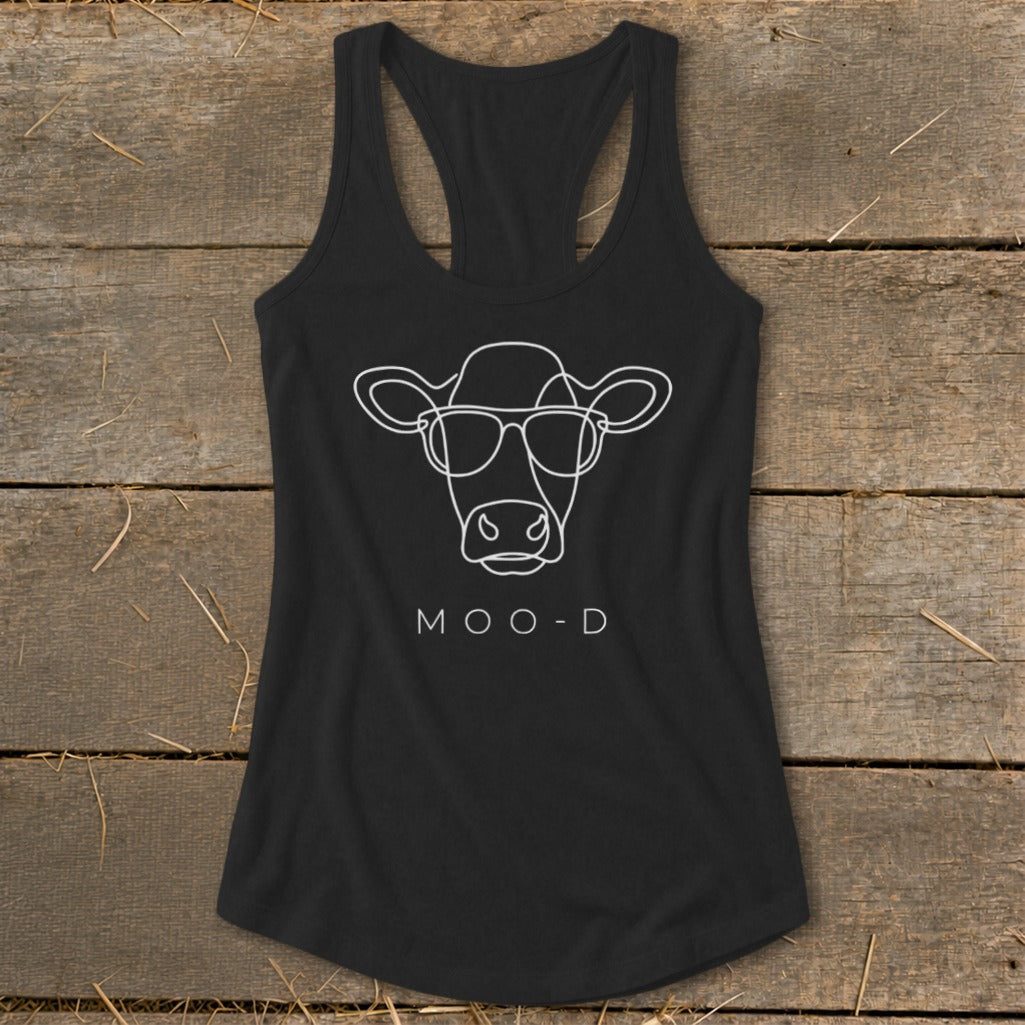 Black tank top with white line art of a cow wearing glasses and the text "MOO-D".