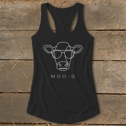 Black tank top with white line art of a cow wearing glasses and the text "MOO-D".