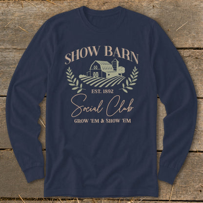 Navy long sleeve shirt with "Show Barn Social Club" farm graphic.