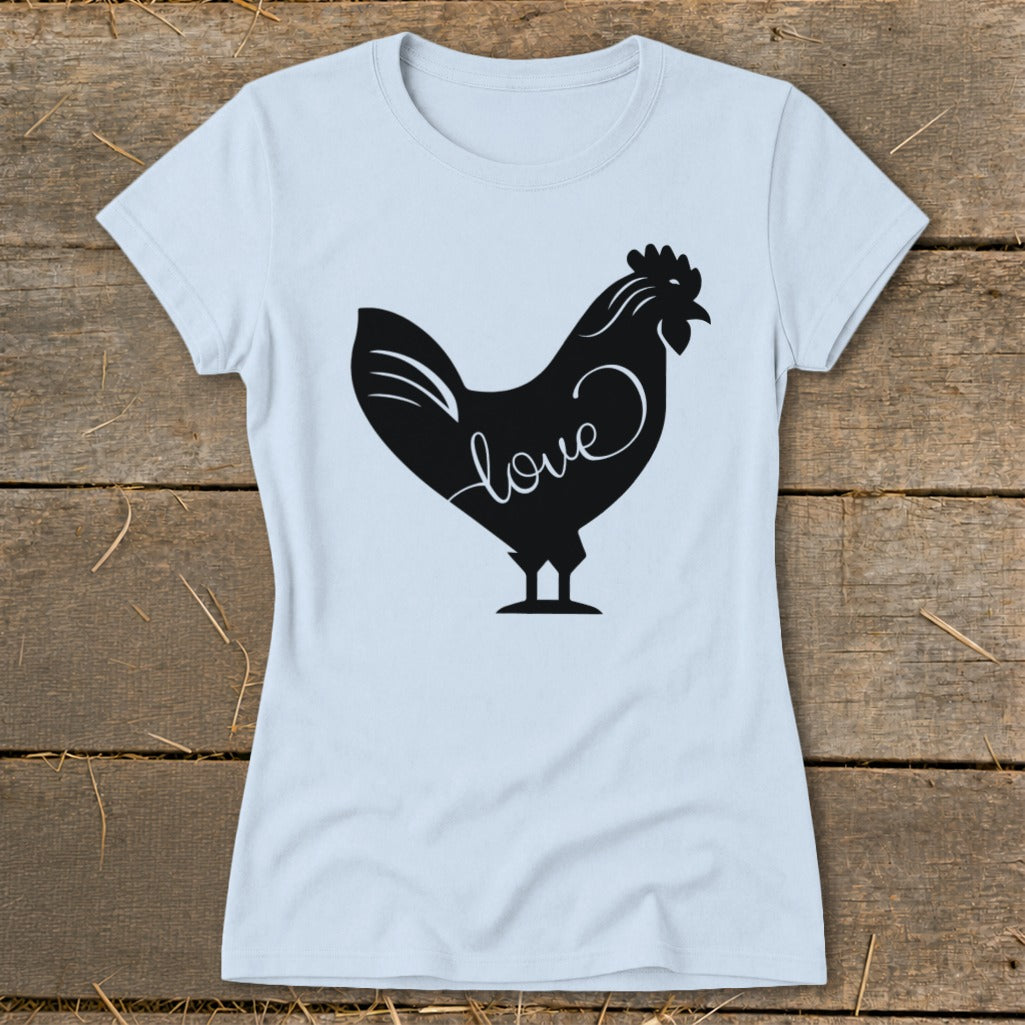 Light blue t-shirt with a black rooster silhouette containing the word "love".
